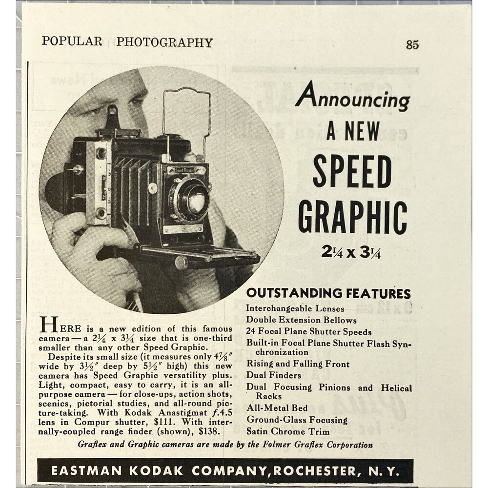 Eastman Kodak Speed Graphic 2.25 x 3.25 Camera " Outstanding" Vtg Print Ad 1938